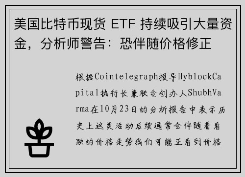 美国比特币现货 ETF 持续吸引大量资金，分析师警告：恐伴随价格修正